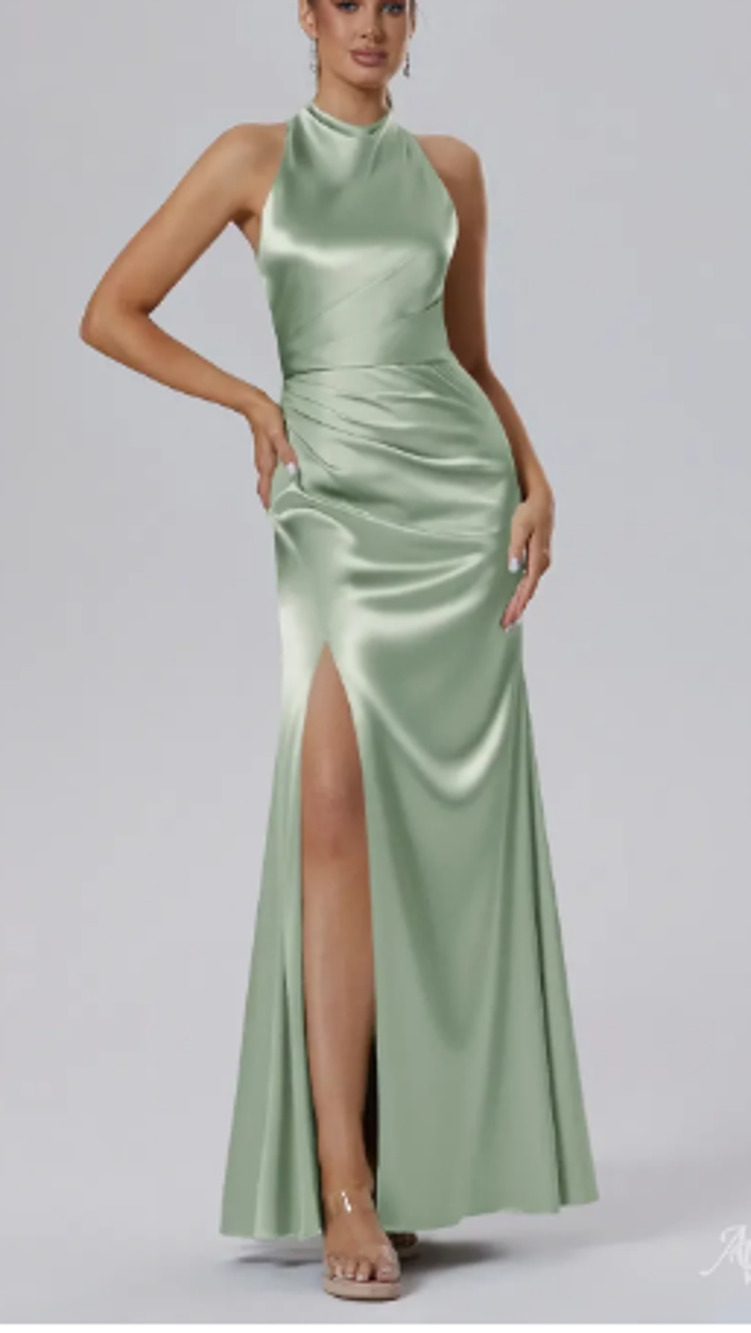 AW BRIDAL SZ 6 S sage green satin crystal Maharaol formal maxi dress NEW 0b8